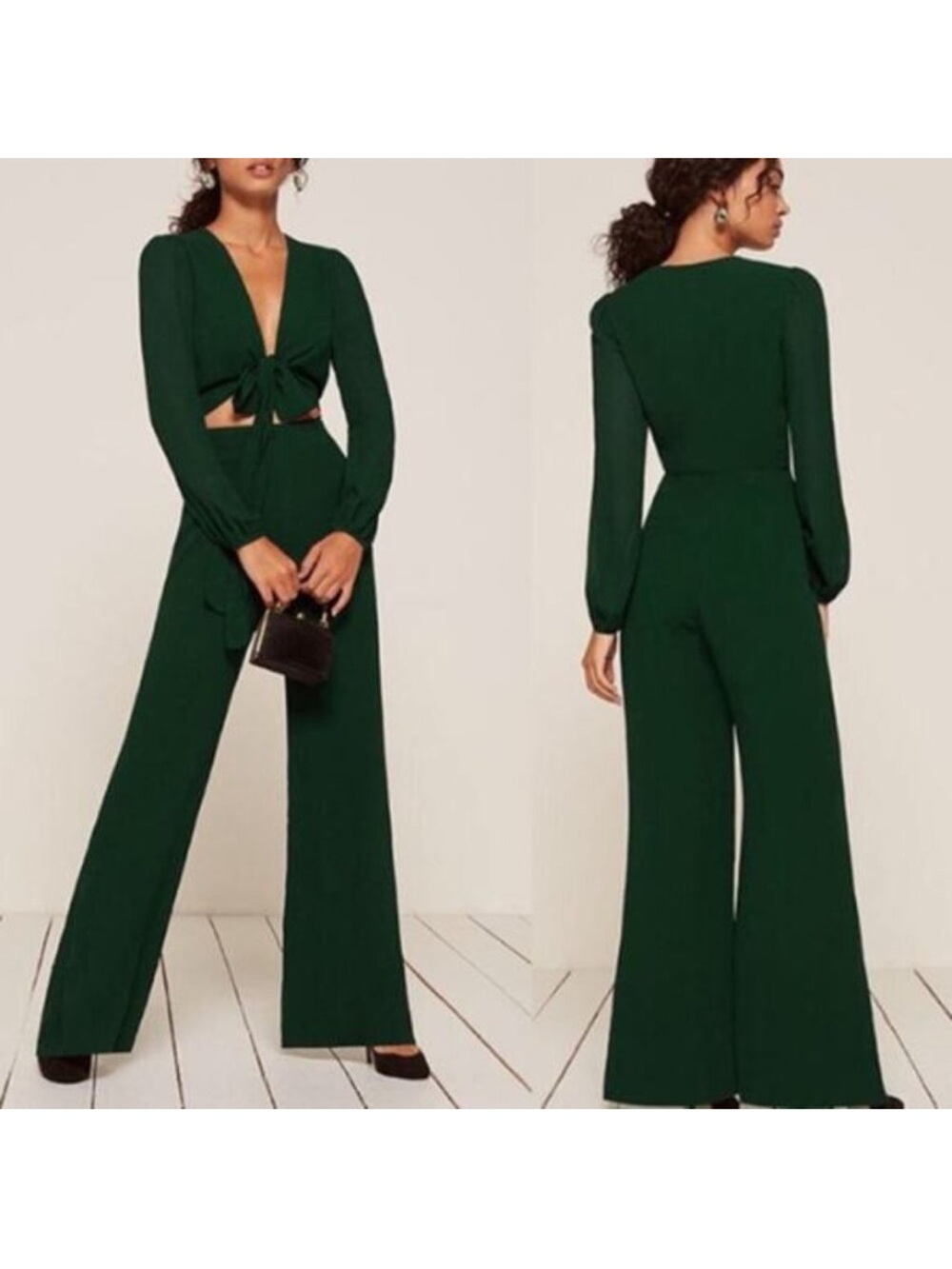 Reformation Women's Dark Green Long Sleeve Tie-Front Jumpsuit